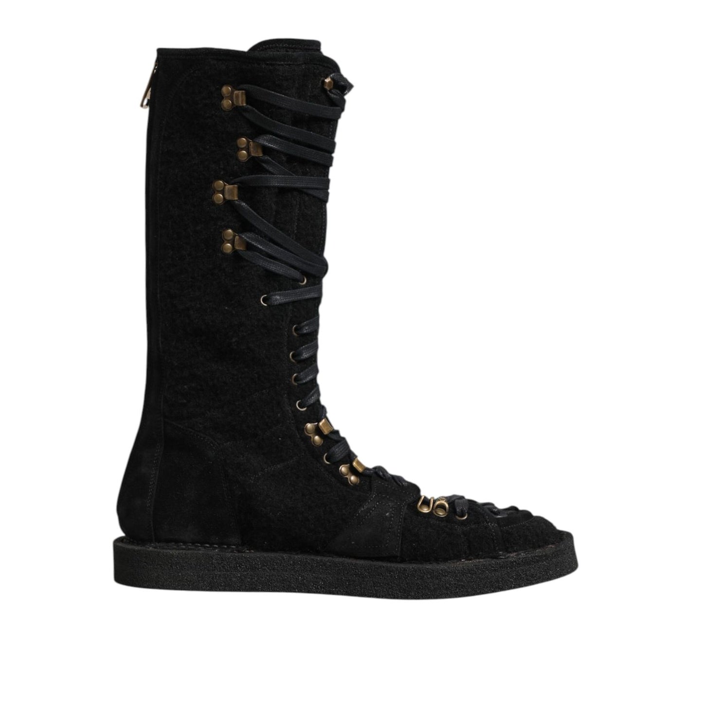 Dolce & Gabbana Black Alpaca Wool Suede Mid Calf Boots Shoes with laces and sleek design, perfect for elegant cold-weather style.