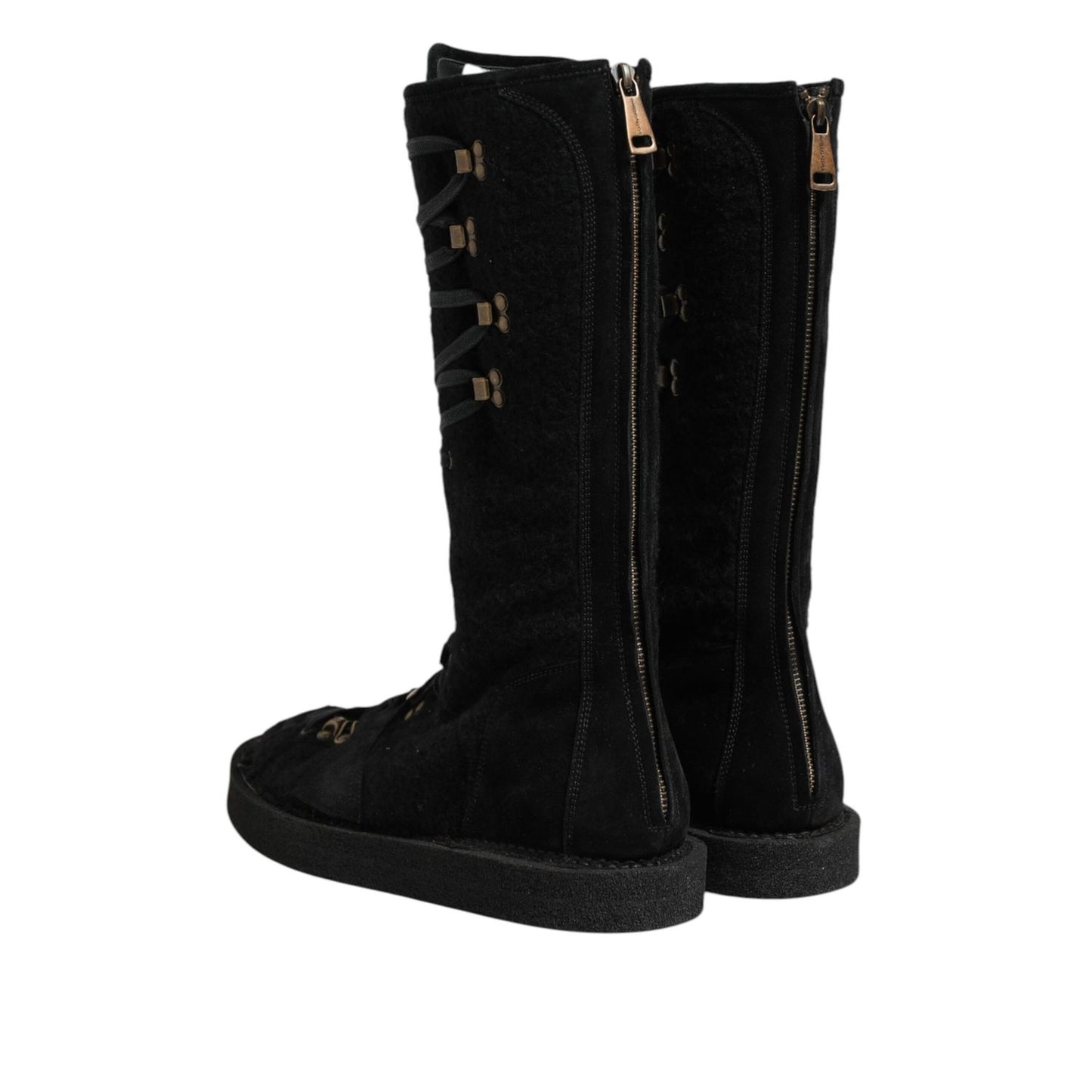 Dolce & Gabbana Black Alpaca Wool Suede Mid Calf Boots Shoes with zippers and lace details, showcasing elegant design and craftsmanship.