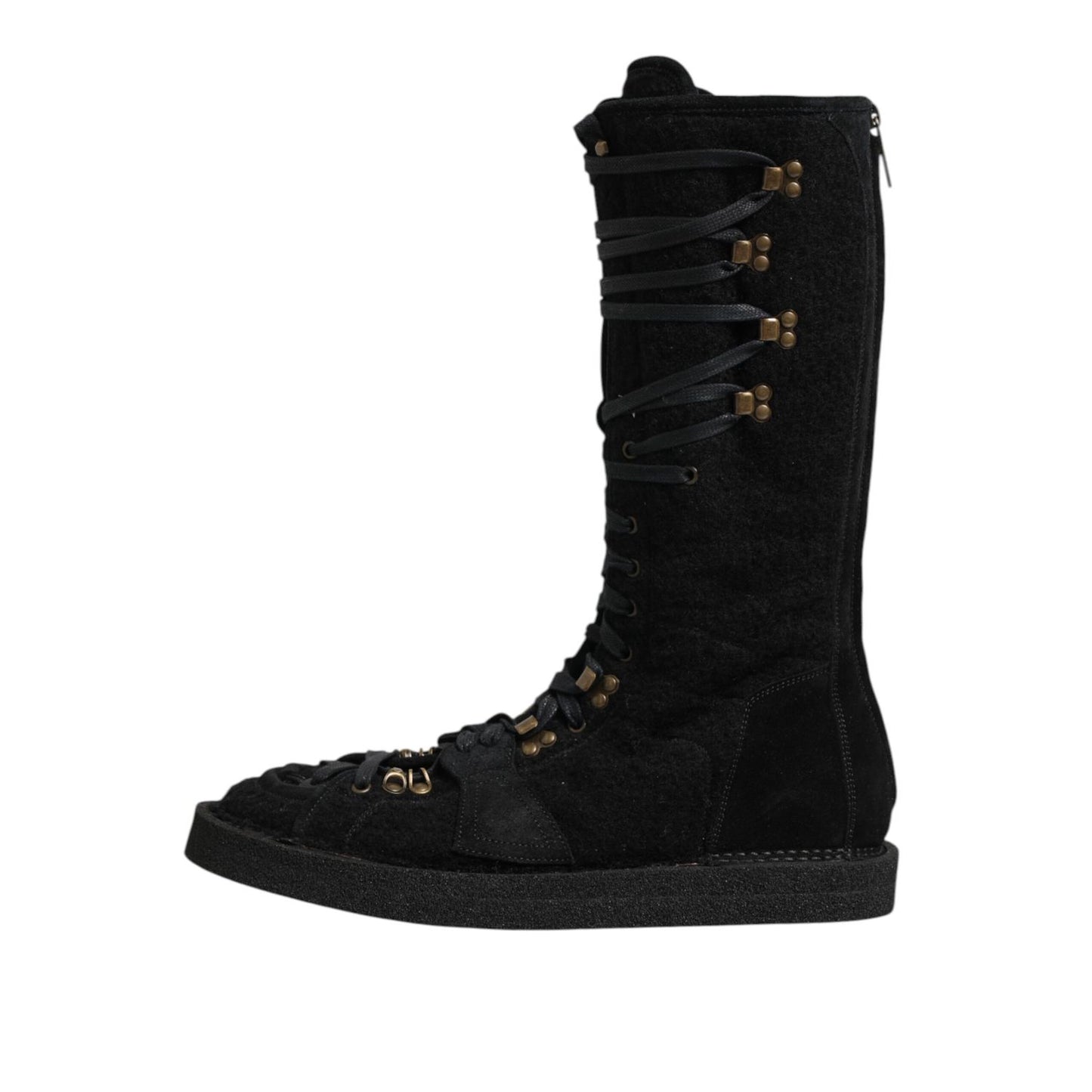 Dolce & Gabbana Black Alpaca Wool Suede Mid Calf Boots Shoes with lace-up detailing.