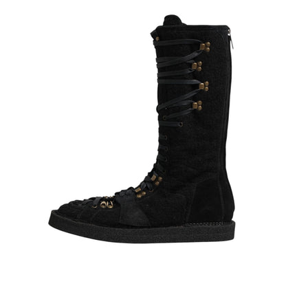 Dolce & Gabbana Black Alpaca Wool Suede Mid Calf Boots Shoes with lace-up detailing.