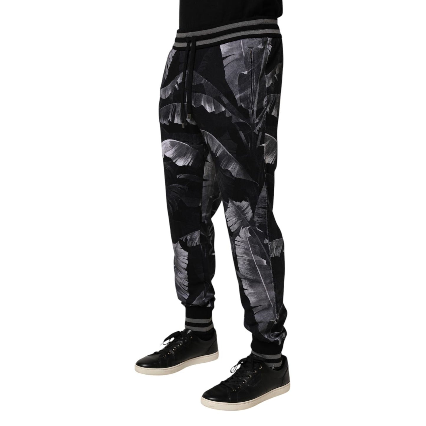 Dolce & Gabbana Black Banana Leaf Cotton Jogger Trouser Pants with an all-over print and elastic waistband.