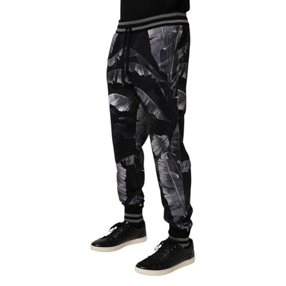 Dolce & Gabbana Black Banana Leaf Cotton Jogger Trouser Pants with an all-over print and elastic waistband.