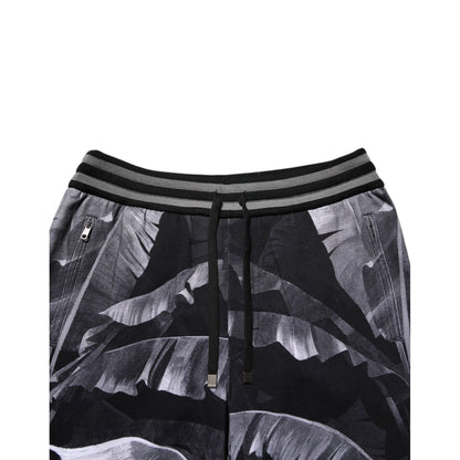 Dolce & Gabbana Black Banana Leaf Cotton Jogger Trouser Pants with elastic waistband and drawstring, crafted from soft cotton.