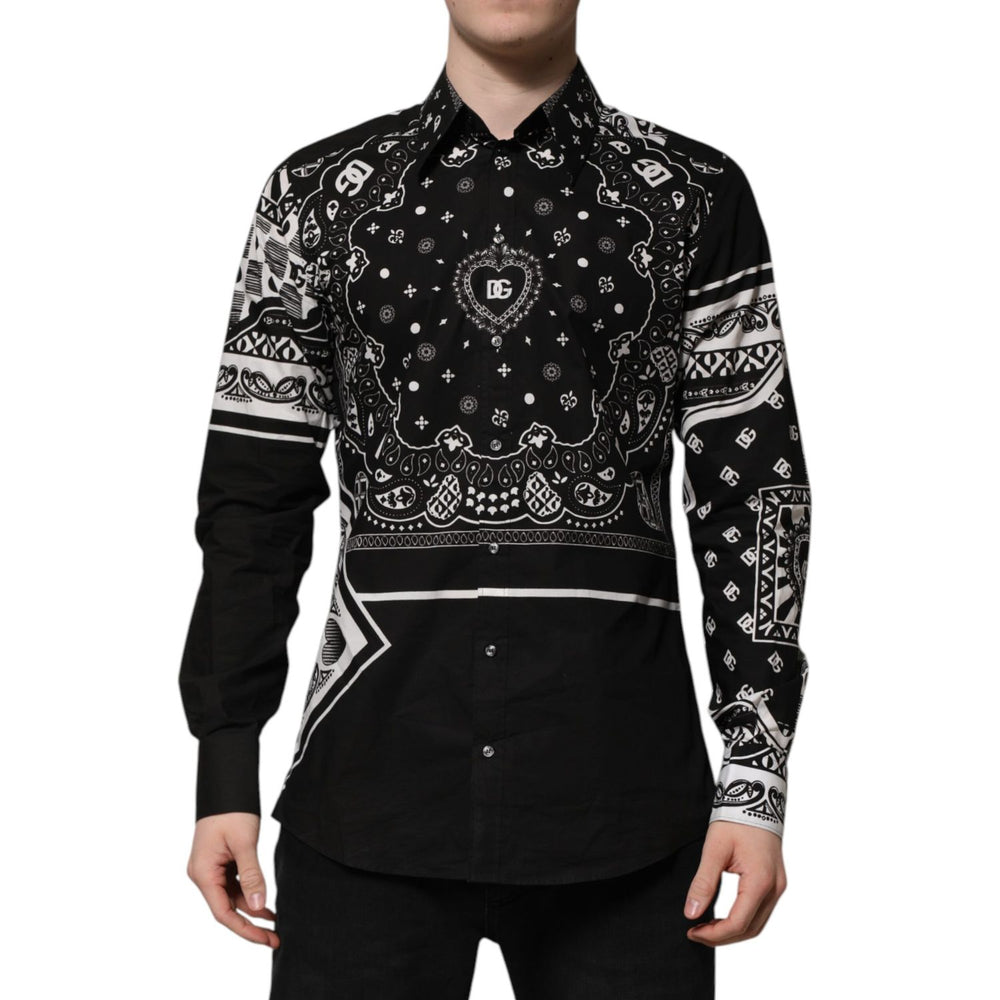 Alt Tag: Dolce & Gabbana Black Bandana Print Logo MARTINI Dress Shirt on model, showcasing intricate design and slim fit.