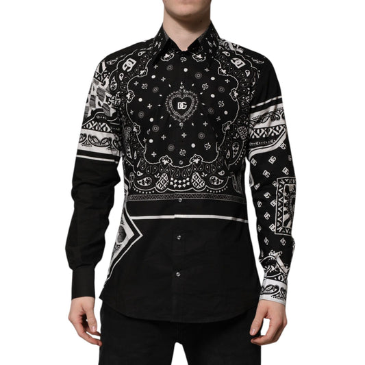 Dolce & Gabbana Black Bandana Print Logo MARTINI Dress Shirt featuring D&G logo and intricate design, slim fit, crafted in Italy.