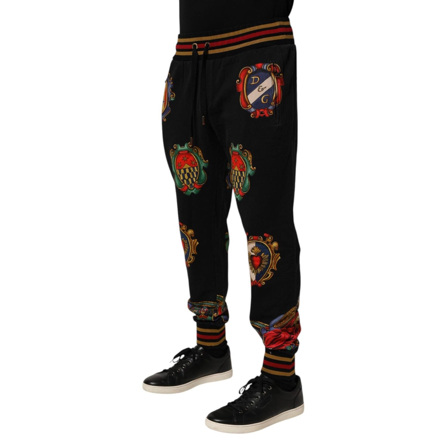 Dolce & Gabbana Black Baroque Crest Logo Men Trackpants Pants with embroidered crest and ribbed cuffs.