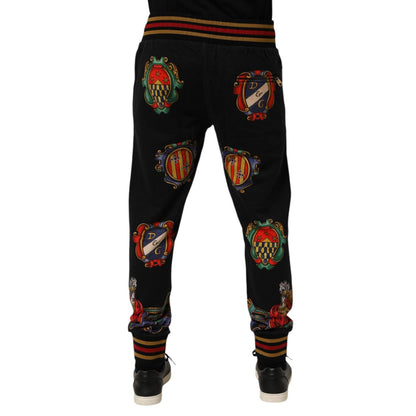 Back view of Dolce & Gabbana Black Baroque Crest Logo Men Trackpants Pants with embroidered crest details.