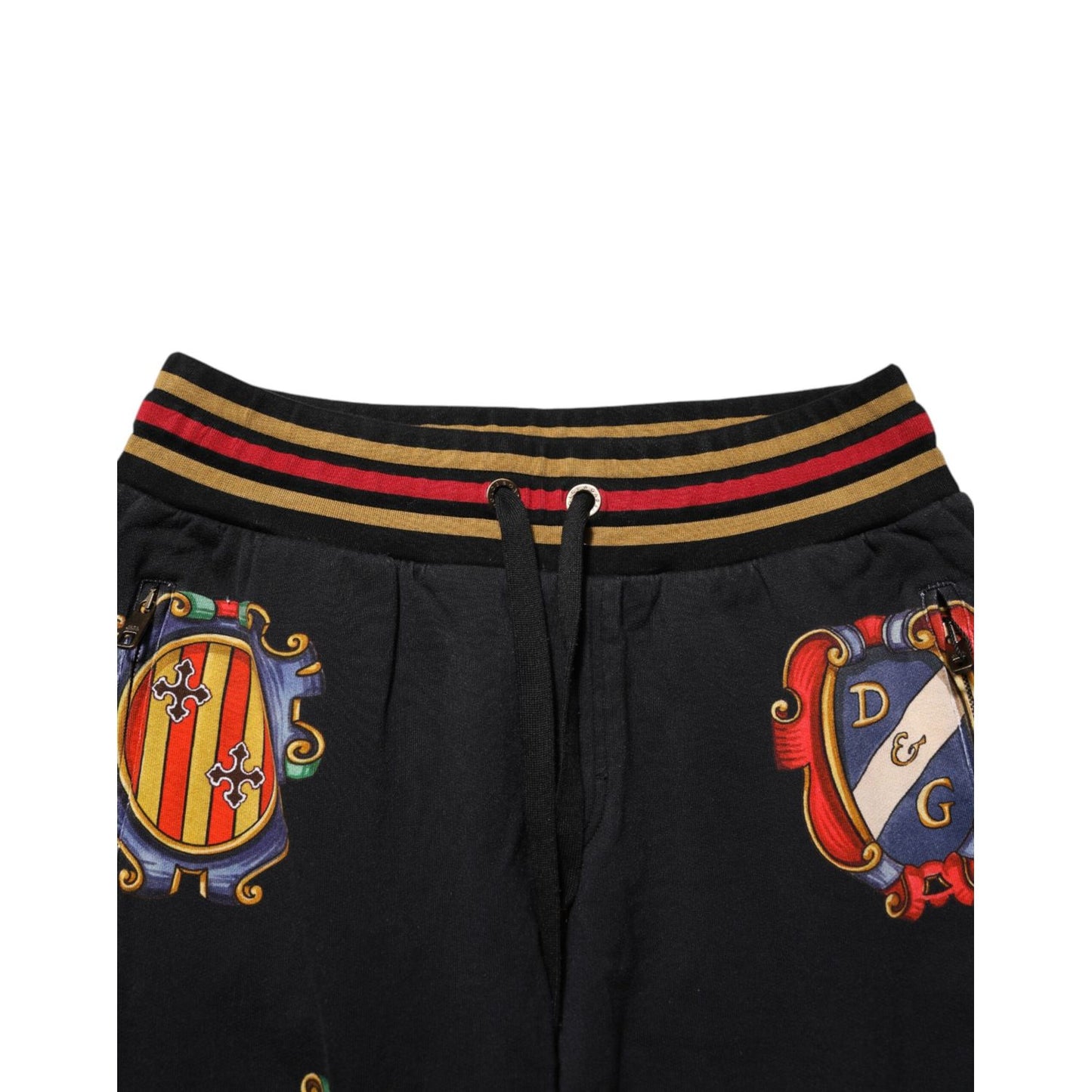 Dolce & Gabbana Black Baroque Crest Logo Men Trackpants Pants showing waistband and embroidered logos.