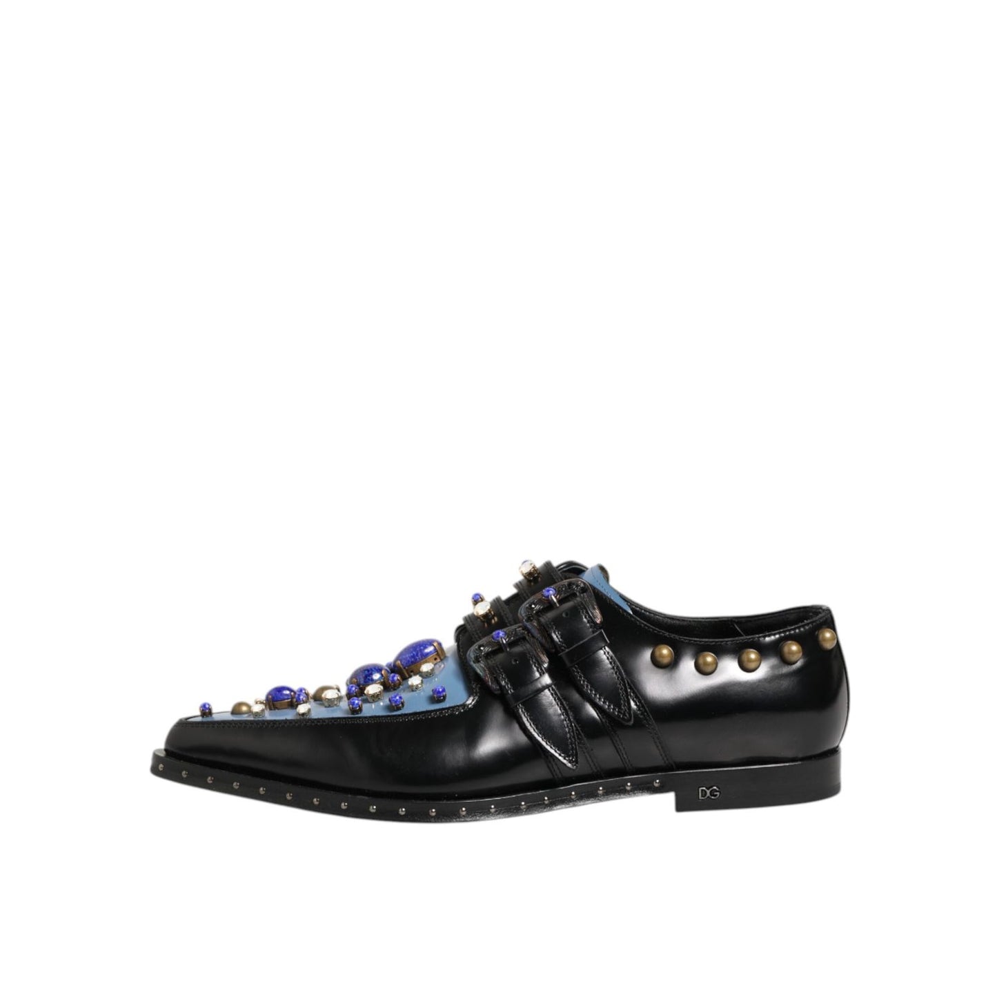 Dolce & Gabbana Black Blue Embellished MONKSTRAP Dress Shoes with studded embellishments, side view on a white background.