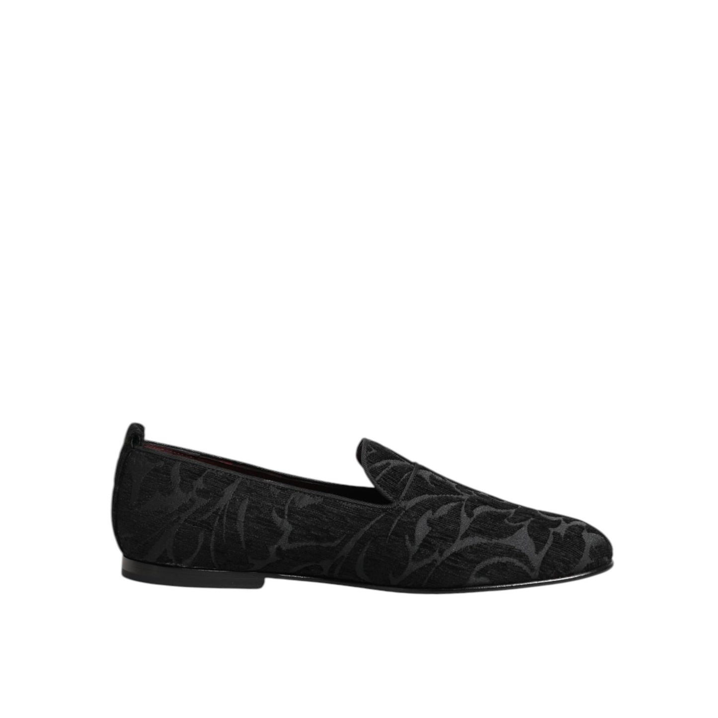 Dolce & Gabbana Black Brocade Loafers Slip On Men Dress Shoes with luxurious fabric and sleek silhouette, perfect for formal events.