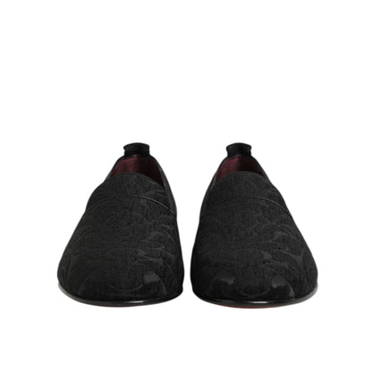Dolce & Gabbana Black Brocade Loafers Slip On Men Dress Shoes front view showcasing luxurious design.