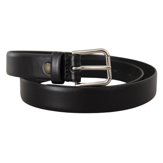 Dolce & Gabbana Black Calf Leather Silver Tone Logo Buckle Belt, sleek design with a 2.5 cm width, elegant Italian craftsmanship.