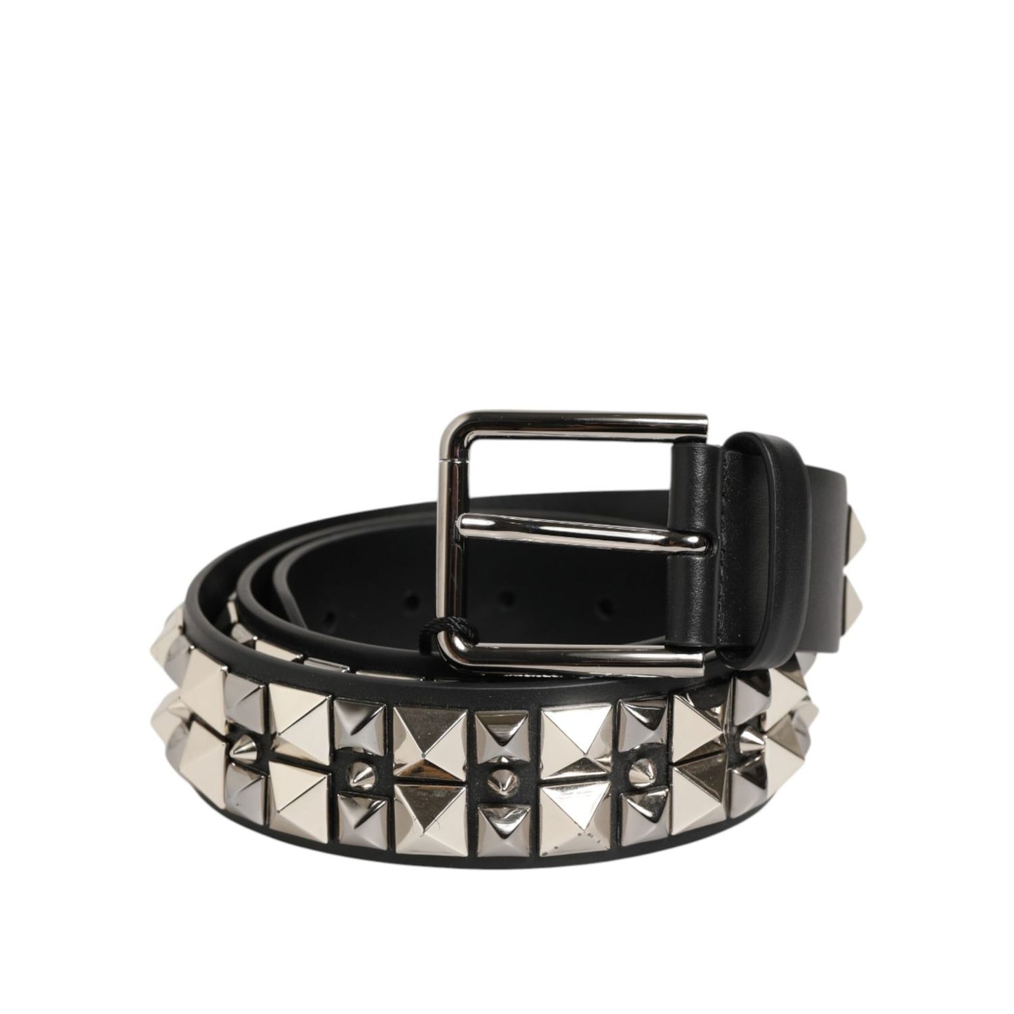 Dolce & Gabbana Black Calf Leather Studded Silver Buckle Belt with DG logo plaque, crafted in Italy, luxury fashion accessory.
