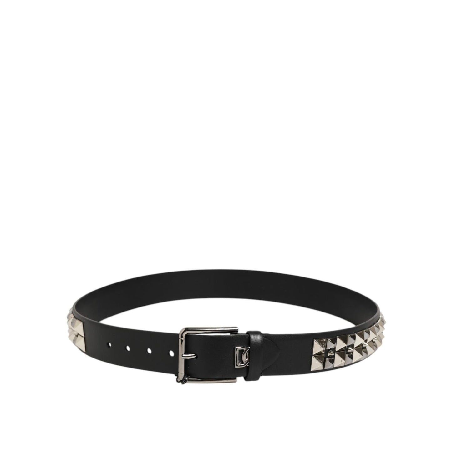 Dolce & Gabbana Black Calf Leather Studded Silver Buckle Belt with DG logo and sleek buckle, luxury Italian design.