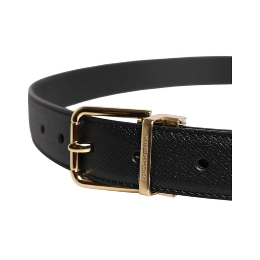 Dolce & Gabbana Black Calfskin Leather Gold Metal Buckle Belt with logo engraving, stylish design, made in Italy, width 3cm