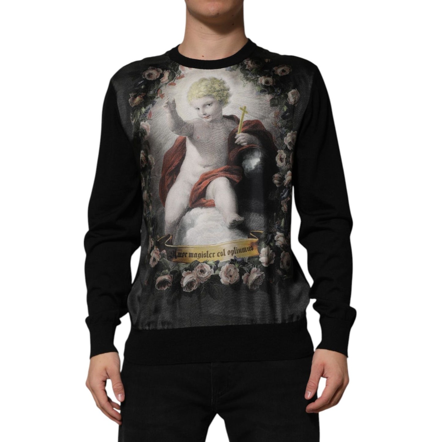 Dolce & Gabbana Black Cashmere Cherub Print Baroque Sweater with luxurious Italian design and cherub detail.