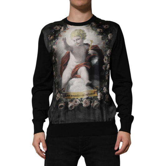 Dolce & Gabbana Black Cashmere Cherub Print Baroque Sweater with luxurious Italian design and cherub detail.