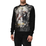 Dolce & Gabbana Black Cashmere Cherub Print Baroque Sweater featuring Italian luxury design with a cherub motif and floral details.