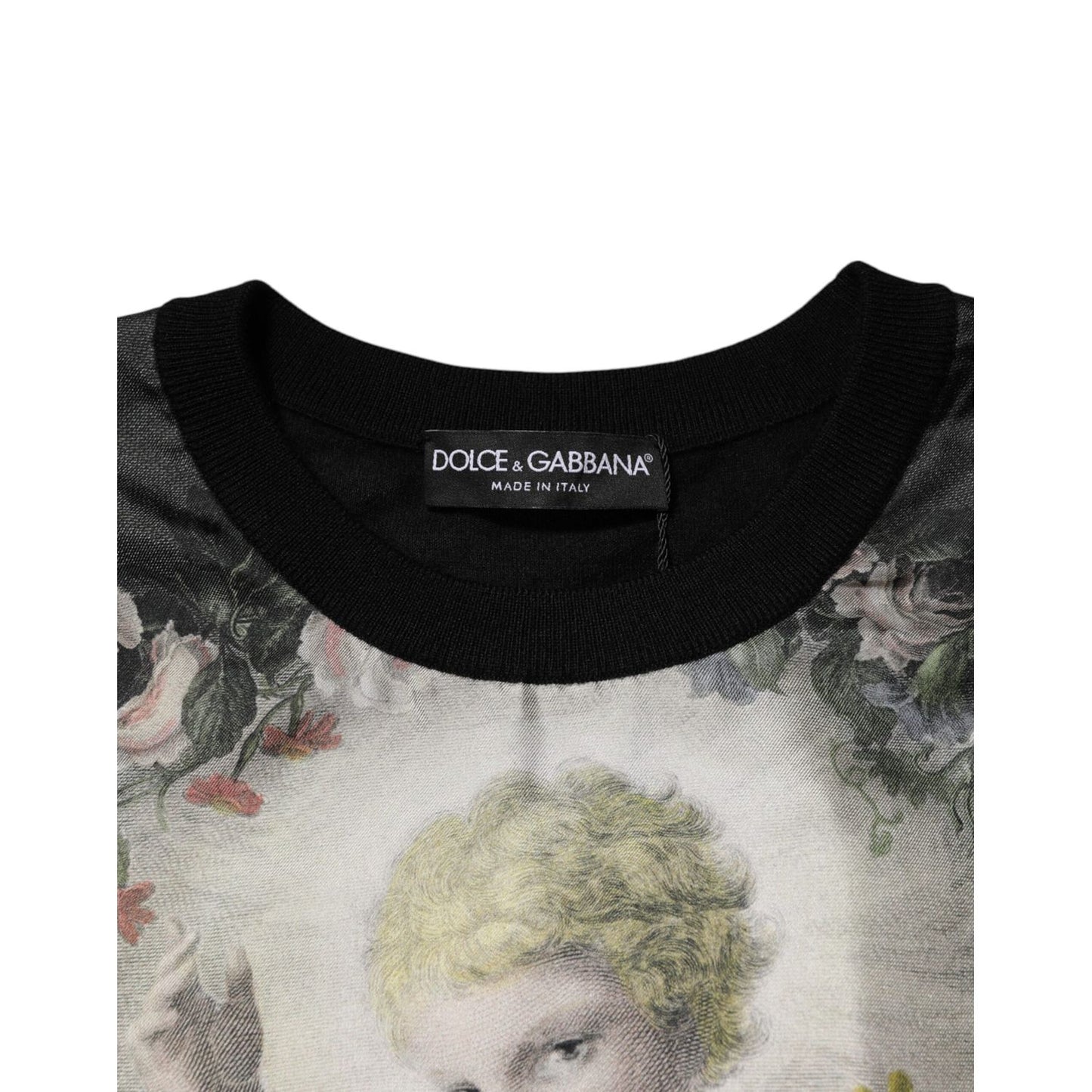 Dolce & Gabbana Black Cashmere Cherub Print Baroque Sweater showing detailed floral design