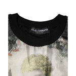 Dolce & Gabbana Black Cashmere Cherub Print Baroque Sweater featuring a floral Baroque design, made in Italy, close-up of neckline.