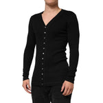 Dolce & Gabbana Black Cotton Button Up Men Cardigan Sweater, sleek V-neck, long sleeves, regular fit, elegant Italian design.
