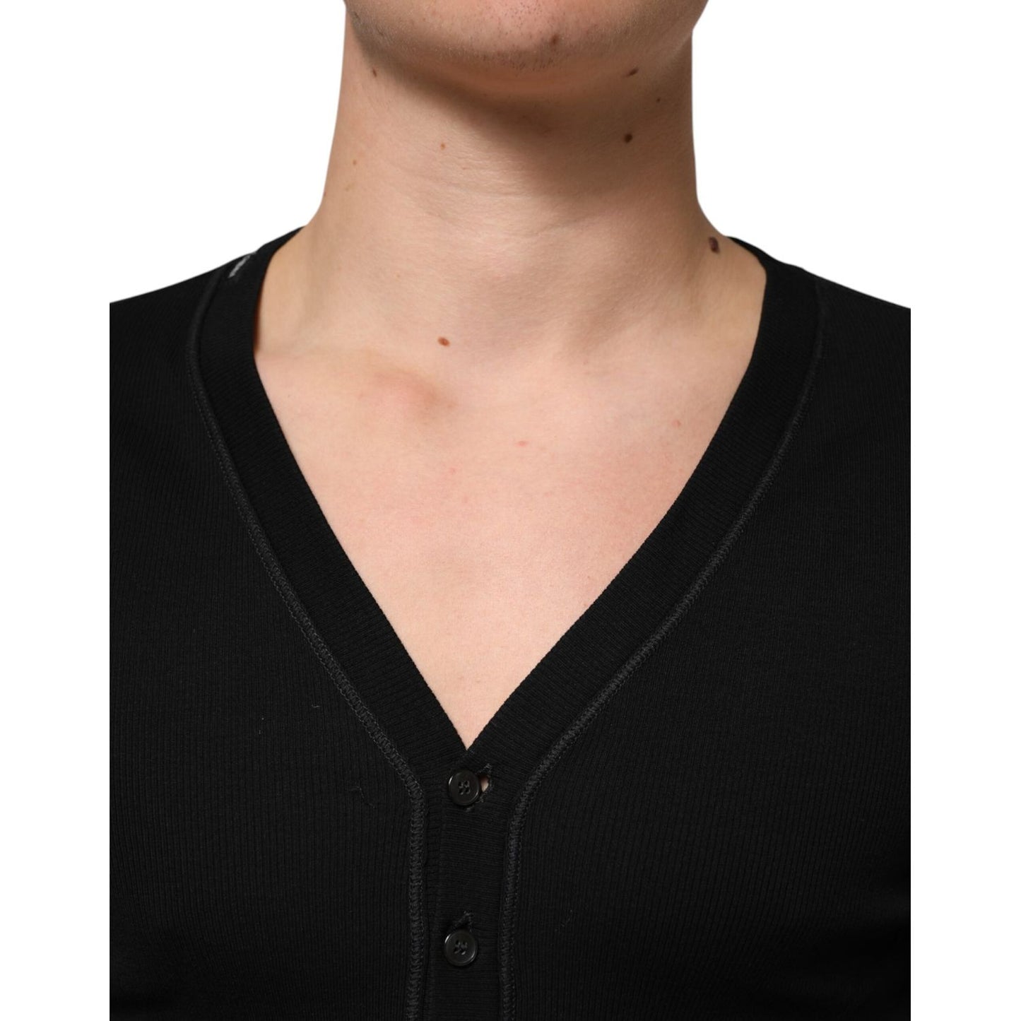 Dolce & Gabbana Black Cotton Button Up Men Cardigan Sweater, showing V-neck design and button details.
