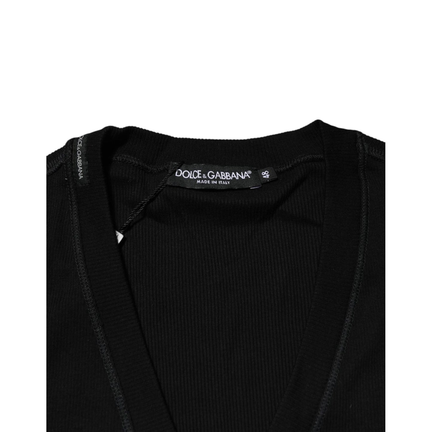 Dolce & Gabbana Black Cotton Button Up Men Cardigan Sweater with V-neck and sleek design, 100% cotton, regular fit, made in Italy.