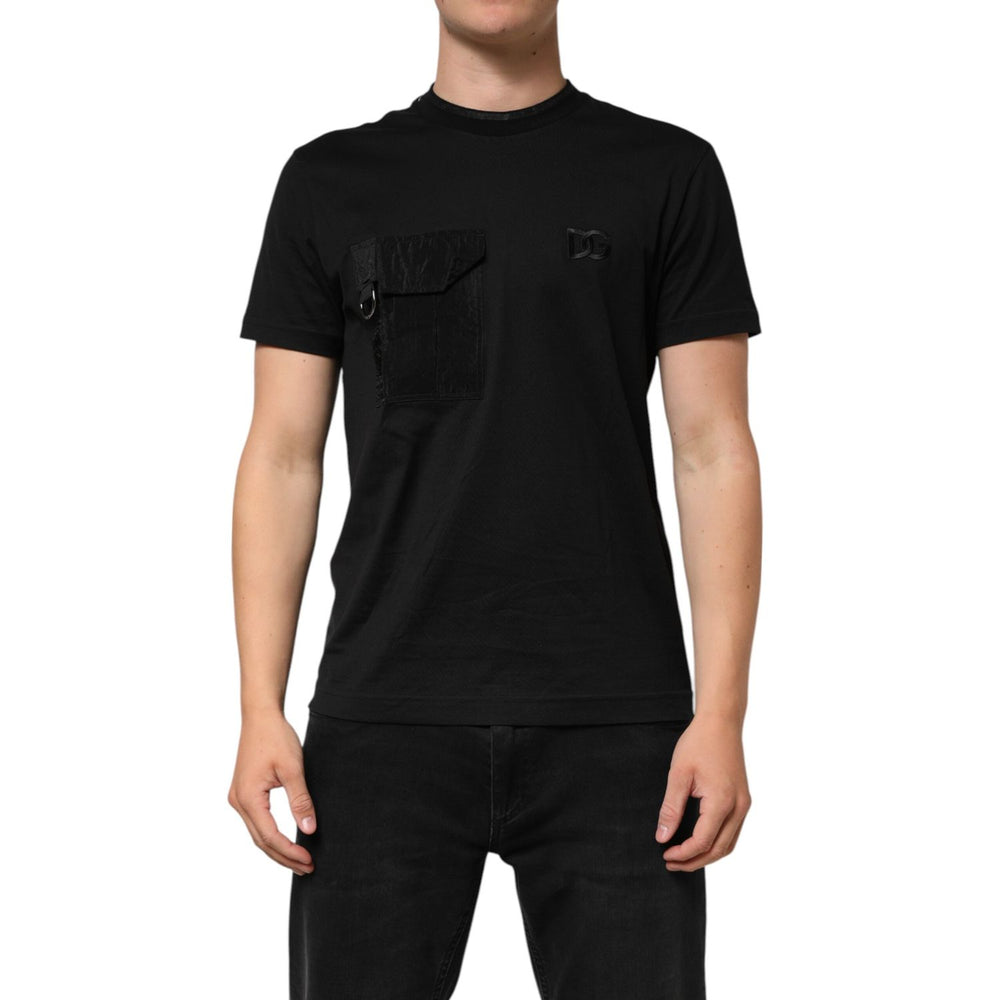 Dolce & Gabbana Black Cotton Embroidered DG Logo Pocket T-shirt on model, short sleeves, made in Italy, modern and sophisticated design.