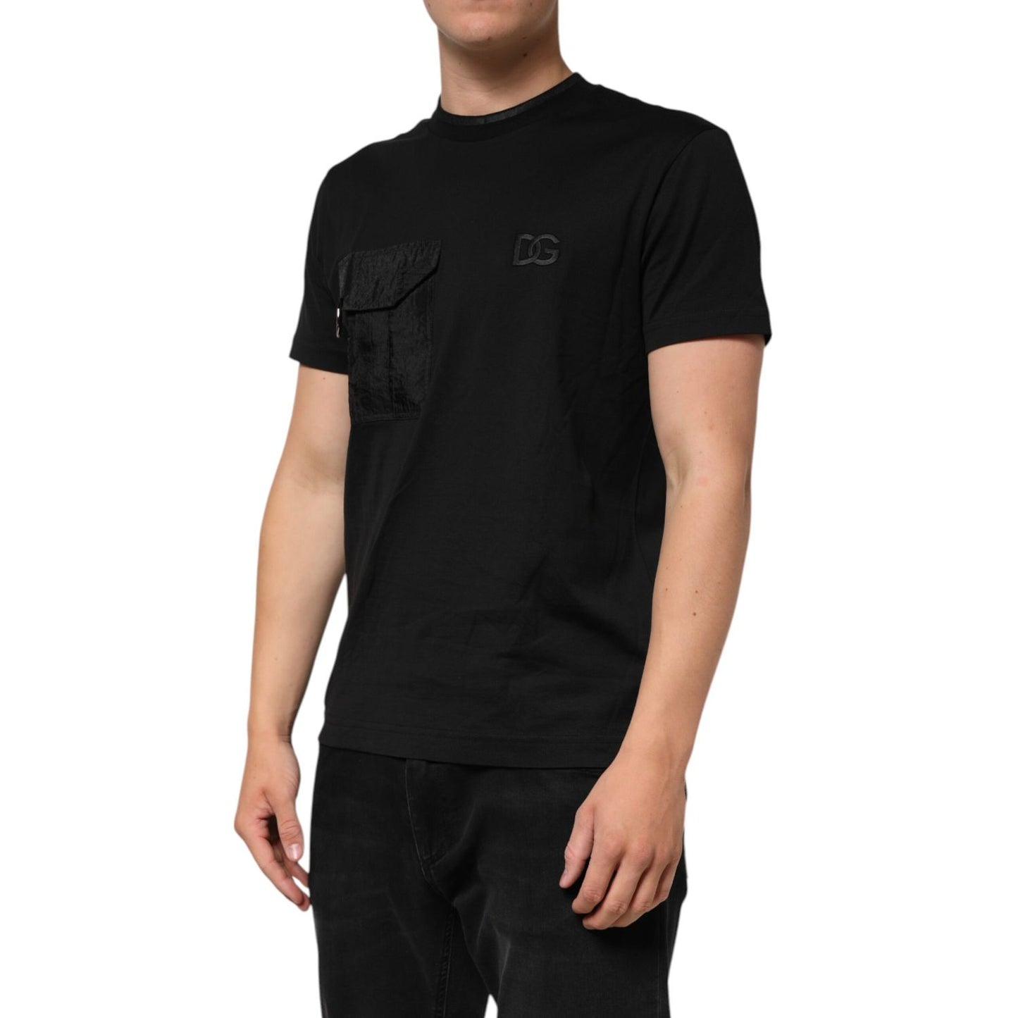 Dolce & Gabbana Black Cotton Embroidered DG Logo Pocket T-shirt, crafted in Italy with modern sophistication, regular fit design.