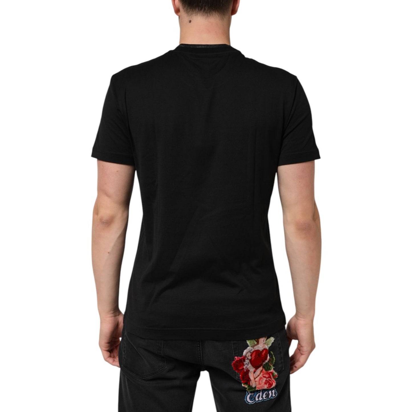 Back view of Dolce & Gabbana Black Cotton Embroidered DG Logo Pocket T-shirt worn by male model