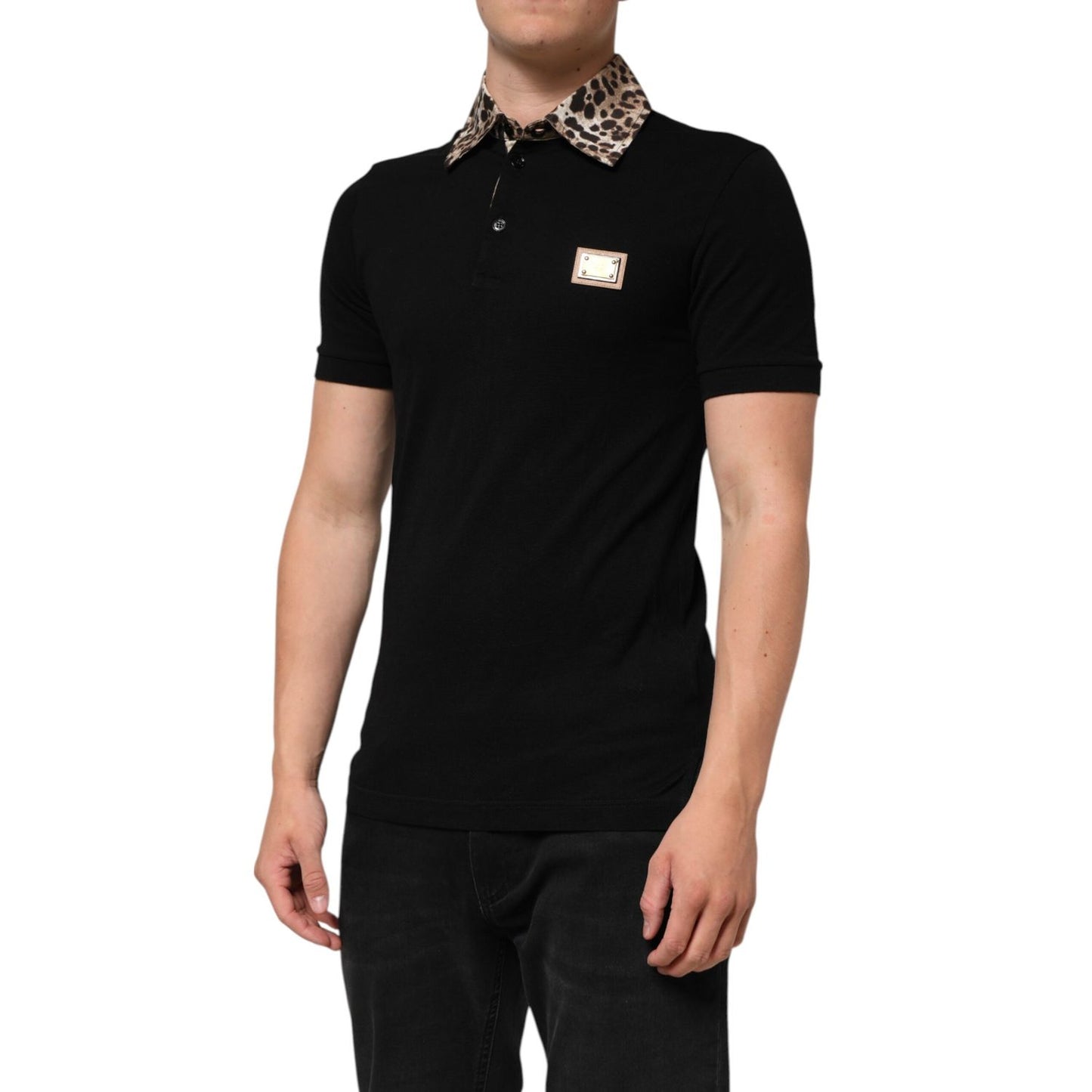 Dolce & Gabbana Black Cotton Leopard Collar Polo T-shirt on model showcasing elegant slim-fit design