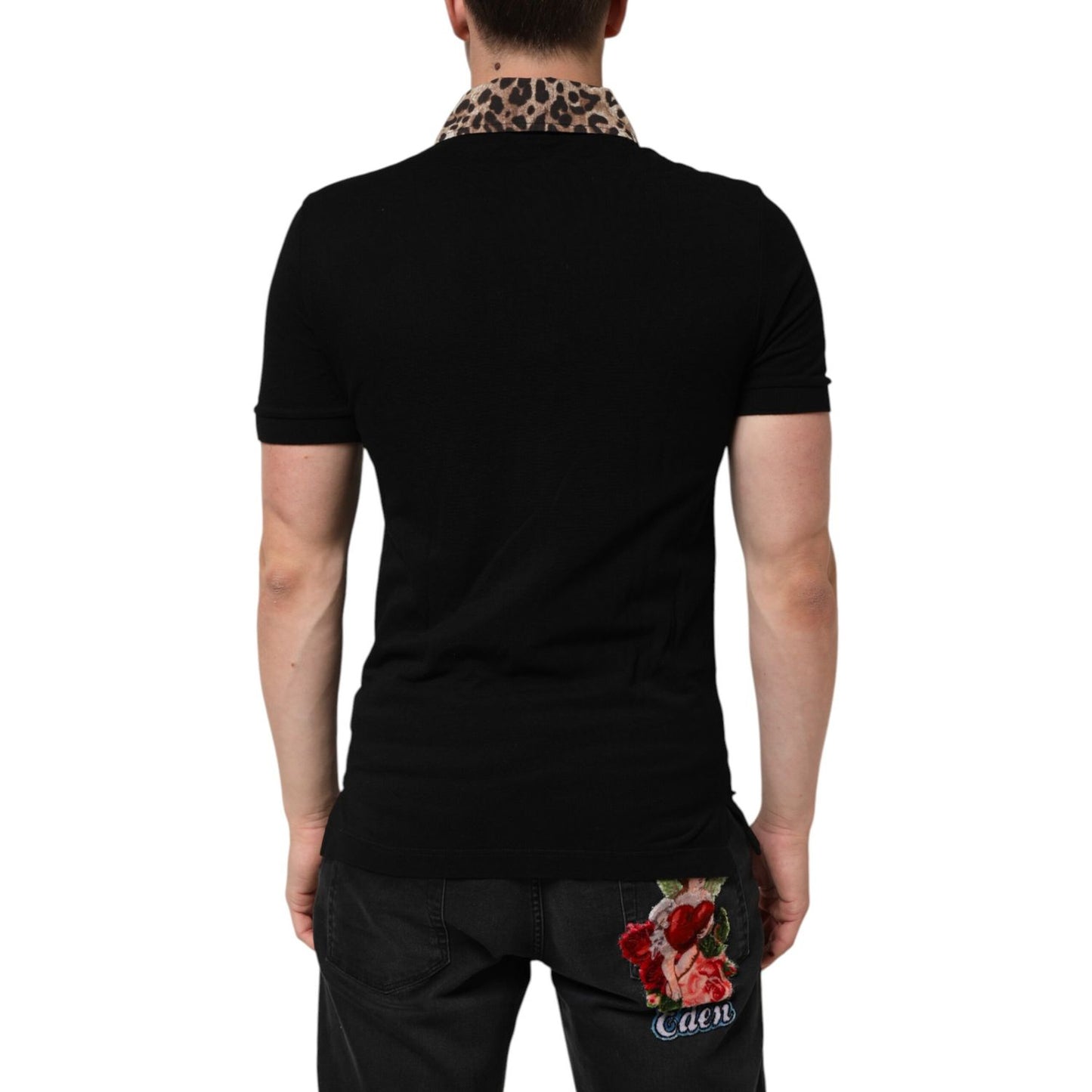 Back view of Dolce & Gabbana Black Cotton Leopard Collar Polo T-shirt, featuring a unique leopard print collar on a sleek black design.