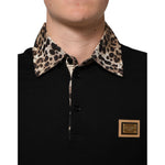 Dolce & Gabbana Black Cotton Leopard Collar Polo T-shirt with logo patch and leopard print collar detail.