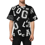 Man wearing Dolce & Gabbana Black Cotton Letter Print Short Sleeve T-shirt with white varsity-style logos.