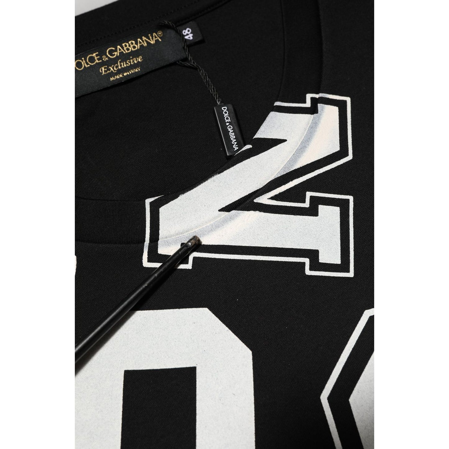 Dolce & Gabbana Black Cotton Letter Print Short Sleeve T-shirt with white varsity-style logo lettering, close-up view.