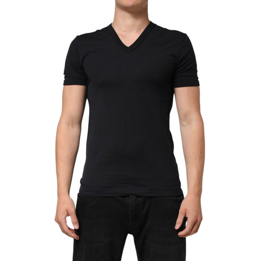 Dolce & Gabbana Black Cotton Plain V-Neck Men Shirt T-shirt