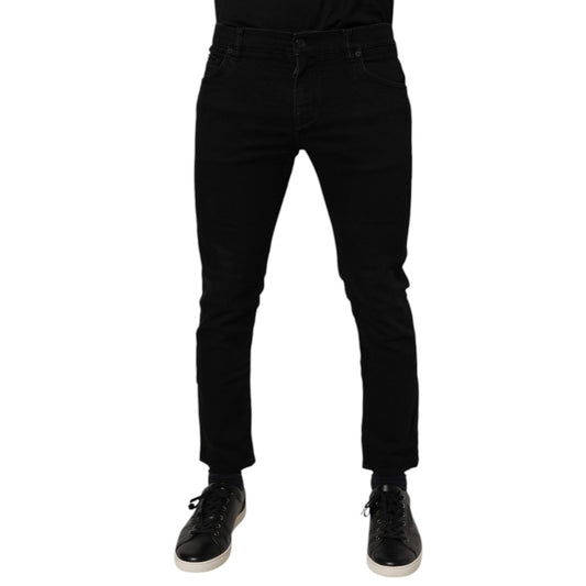 Alt Tag: Model wearing Dolce & Gabbana Black Cotton Skinny Jeans Men Trouser Pants, showcasing sleek design and luxury style.