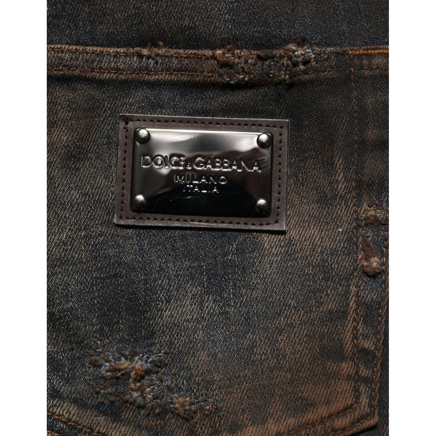 Dolce & Gabbana Black Cotton Skinny Tattered Men Denim Jeans - Close-up of logo detail on back pocket