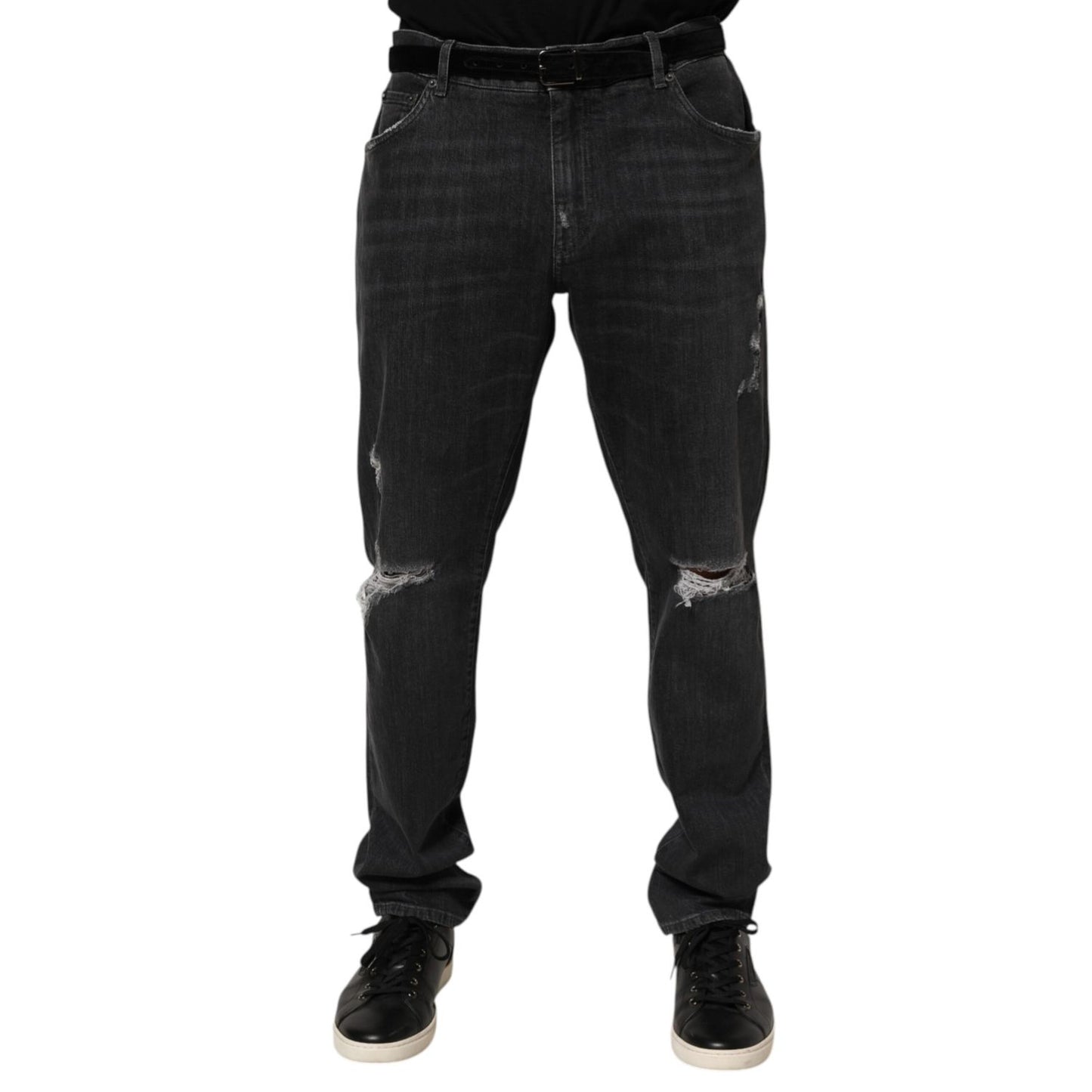 Dolce & Gabbana Black Cotton Slim Fit Distressed Ripped Logo Jeans