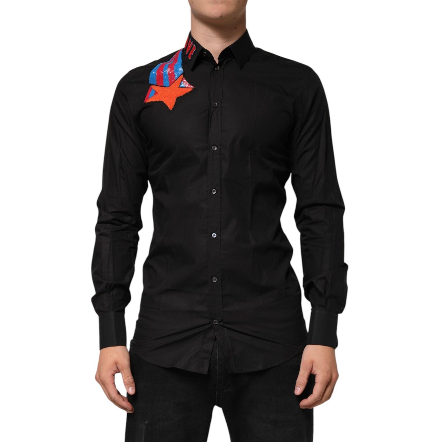 Dolce & Gabbana Black Cotton Star Sequin Dress Formal Men Shirt