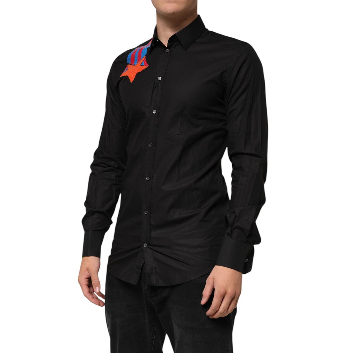 Dolce & Gabbana Black Cotton Star Sequin Dress Formal Men Shirt