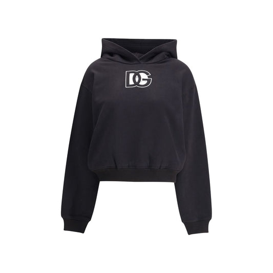Dolce & Gabbana Black Cotton Sweatshirt with embroidered logo, ribbed cuffs, hem, and hooded design for a sophisticated urban style.