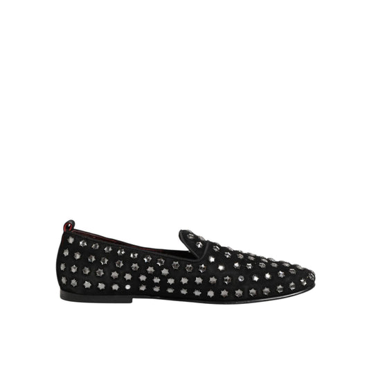 Dolce & Gabbana Black Crystal Embellished Loafers Dress Shoes featuring sleek design and sparkling embellishments for formal occasions.
