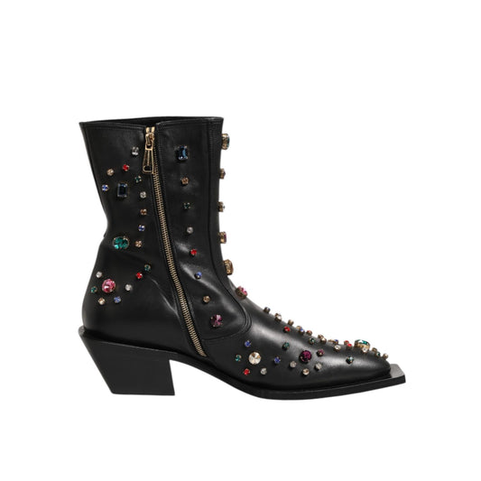 Dolce & Gabbana Black Crystal Embellished Men Short Boots Shoes with zipper and colorful crystal details