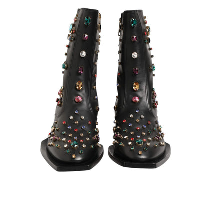 Dolce & Gabbana Black Crystal Embellished Men Short Boots Shoes with sparkling embellishments, ankle-height design, sleek black color.