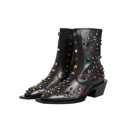 Dolce & Gabbana Black Crystal Embellished Men Short Boots Shoes with colorful accents on a white background