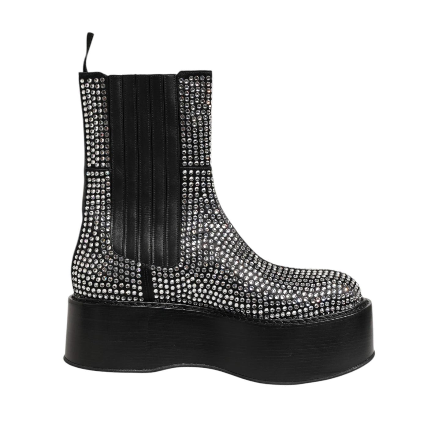 Dolce & Gabbana Black Crystal Strass Mid Calf Short Boots Shoes with dazzling embellishments on black leather and thick sole.