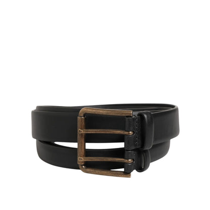 Dolce & Gabbana Black Double Strap Leather Brass Buckle Belt showcasing Italian craftsmanship and fashion-forward design.