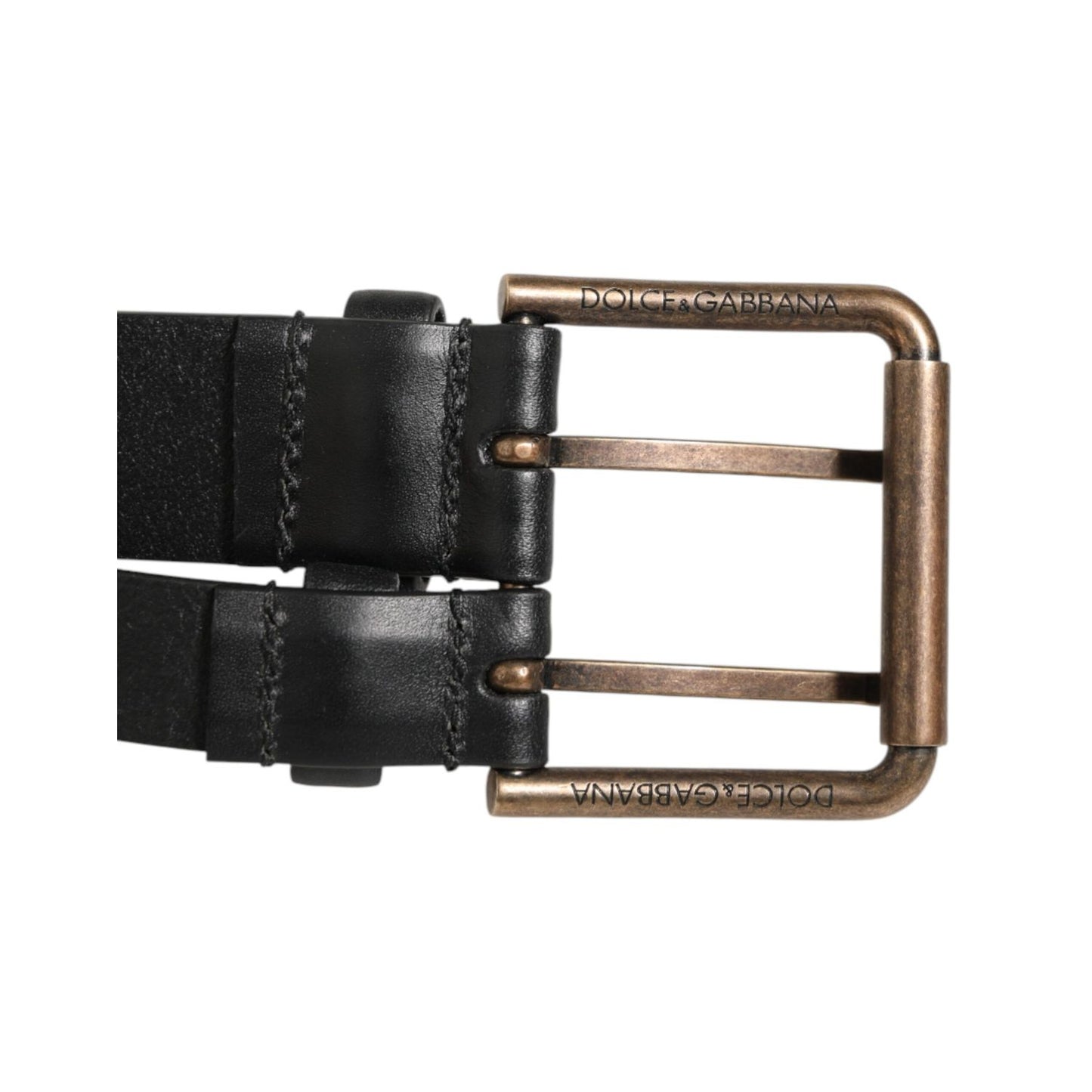 Dolce & Gabbana Black Double Strap Leather Brass Buckle Belt showcasing premium craftsmanship and design.