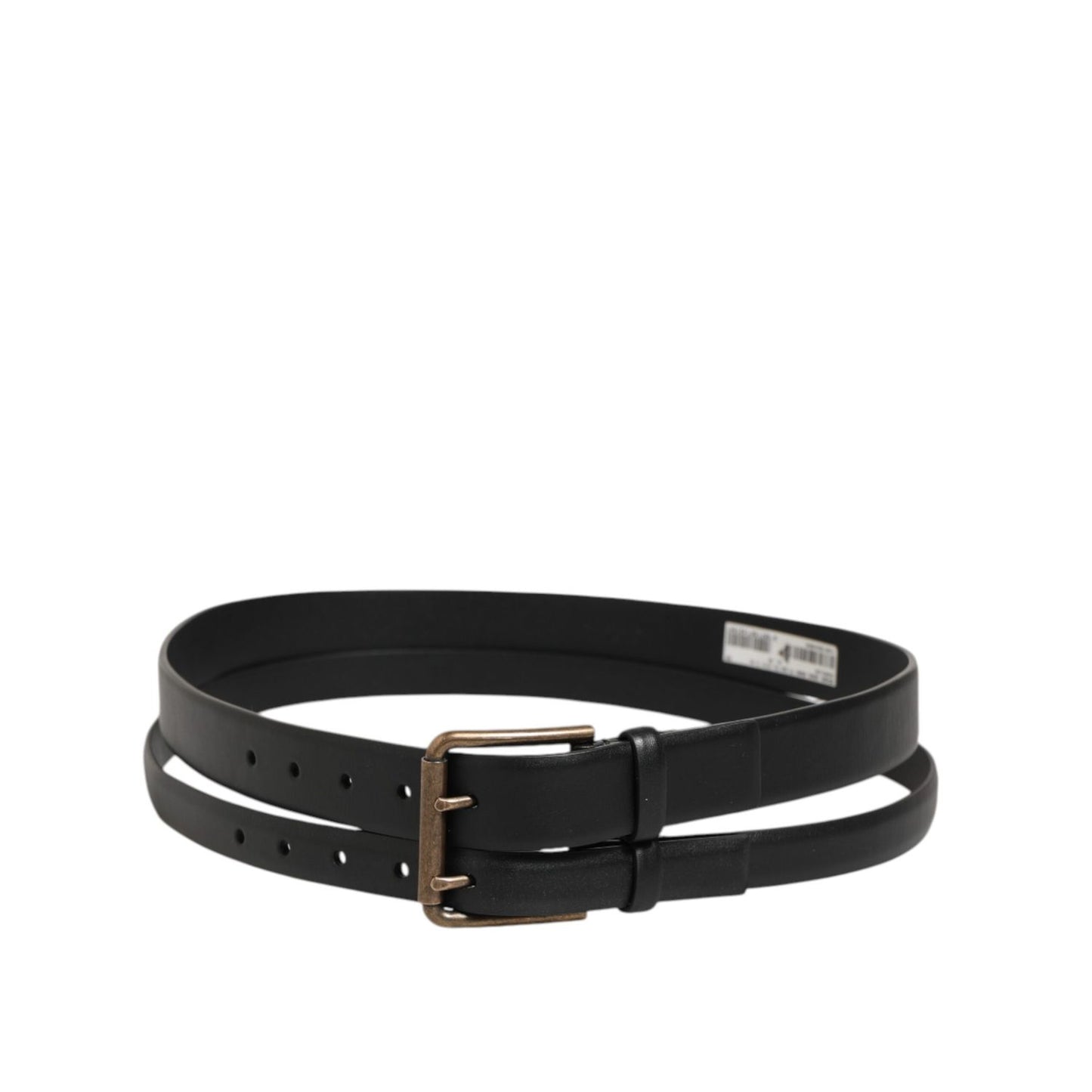 Dolce & Gabbana Black Double Strap Leather Brass Buckle Belt on display, showcasing Italian craftsmanship and premium black calfskin leather.